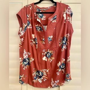 Daniel Rainn Patoka Pleated Split-Neck Top Pink Floral Size 1X